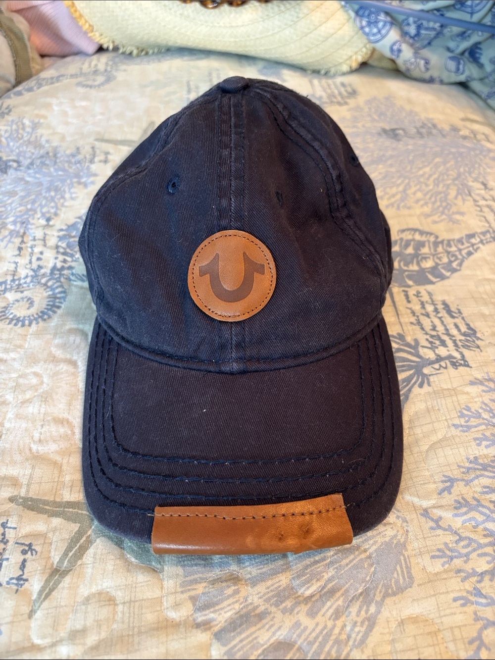 True Religion Navy Cotton Baseball Cap with Brown Leather Accents